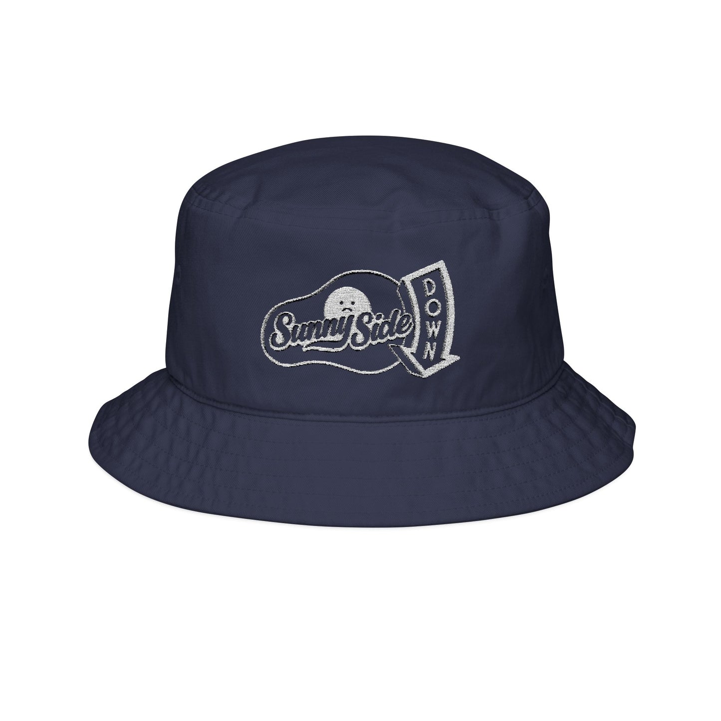Sunny Side Down Sad Fried Egg Logo (White) Bucket Hat