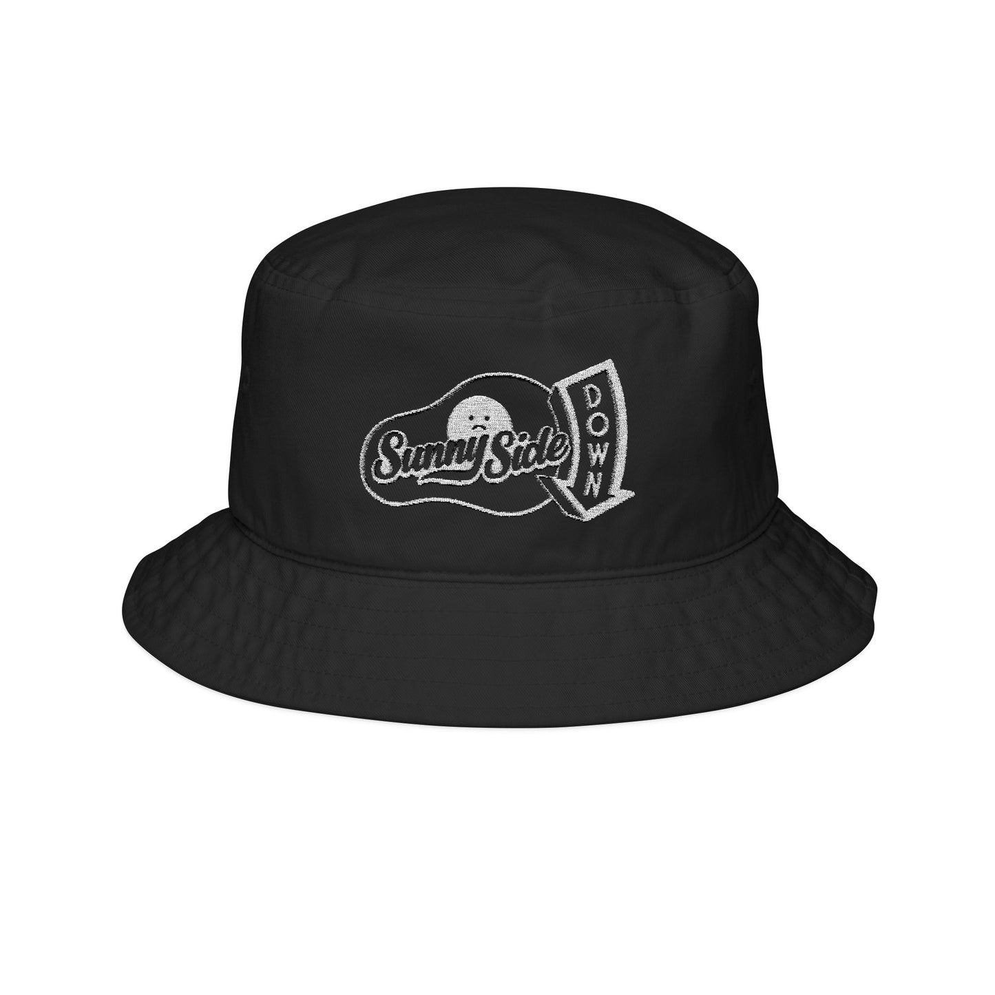 Sunny Side Down Sad Fried Egg Logo (White) Bucket Hat